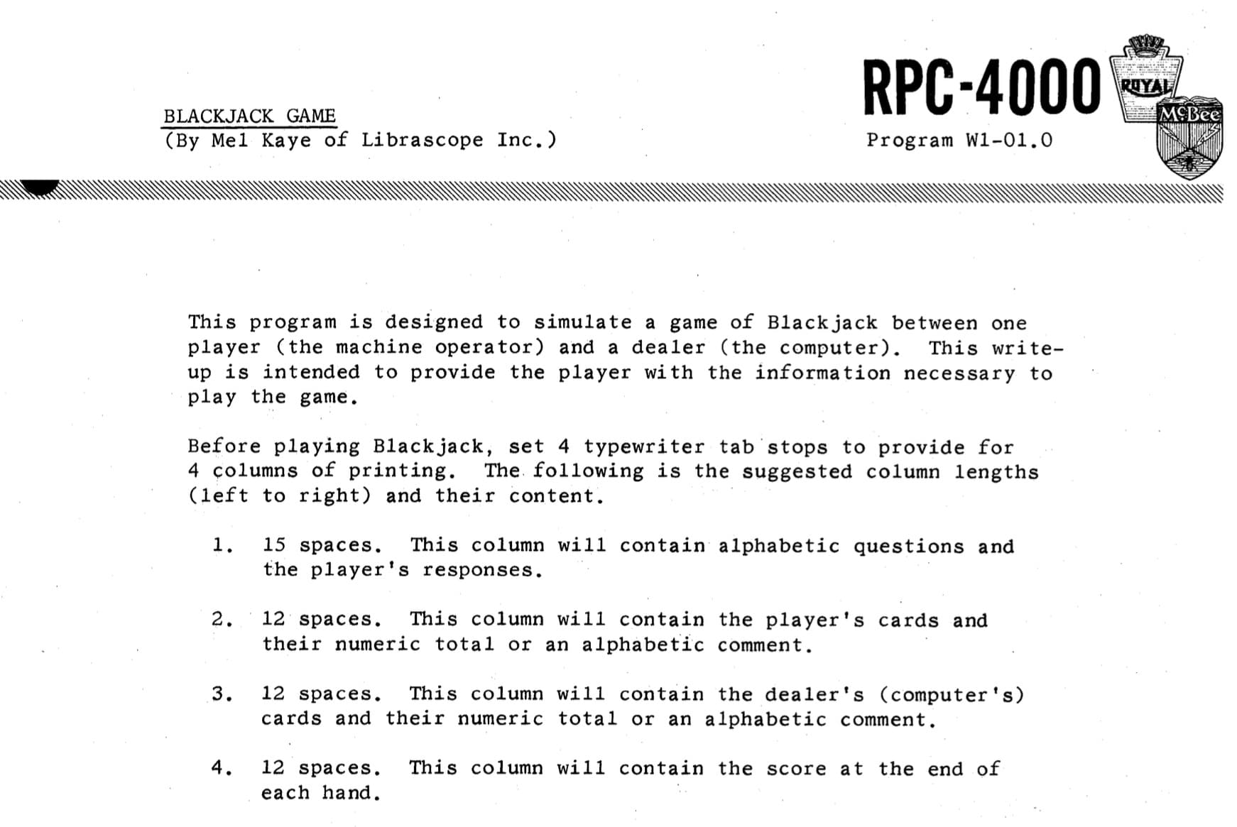 RPC-4000 Program W1-01.0 - BLACKJACK GAME