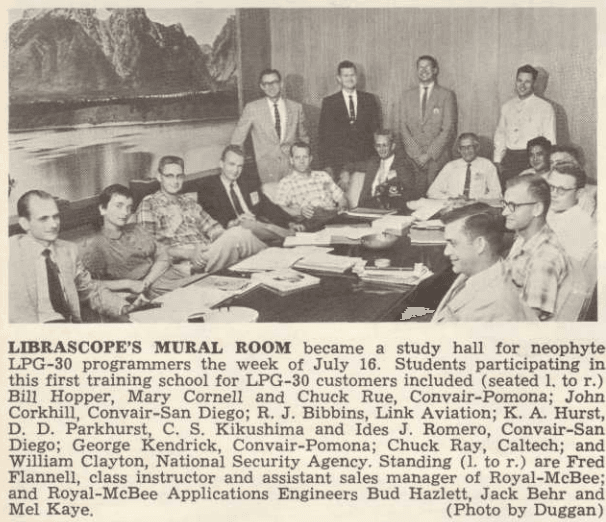 July 1956: The meeting room at Librascope's headquarters, featuring the Librascope team, Mel, and potential customers (Source: Librascope Memories)