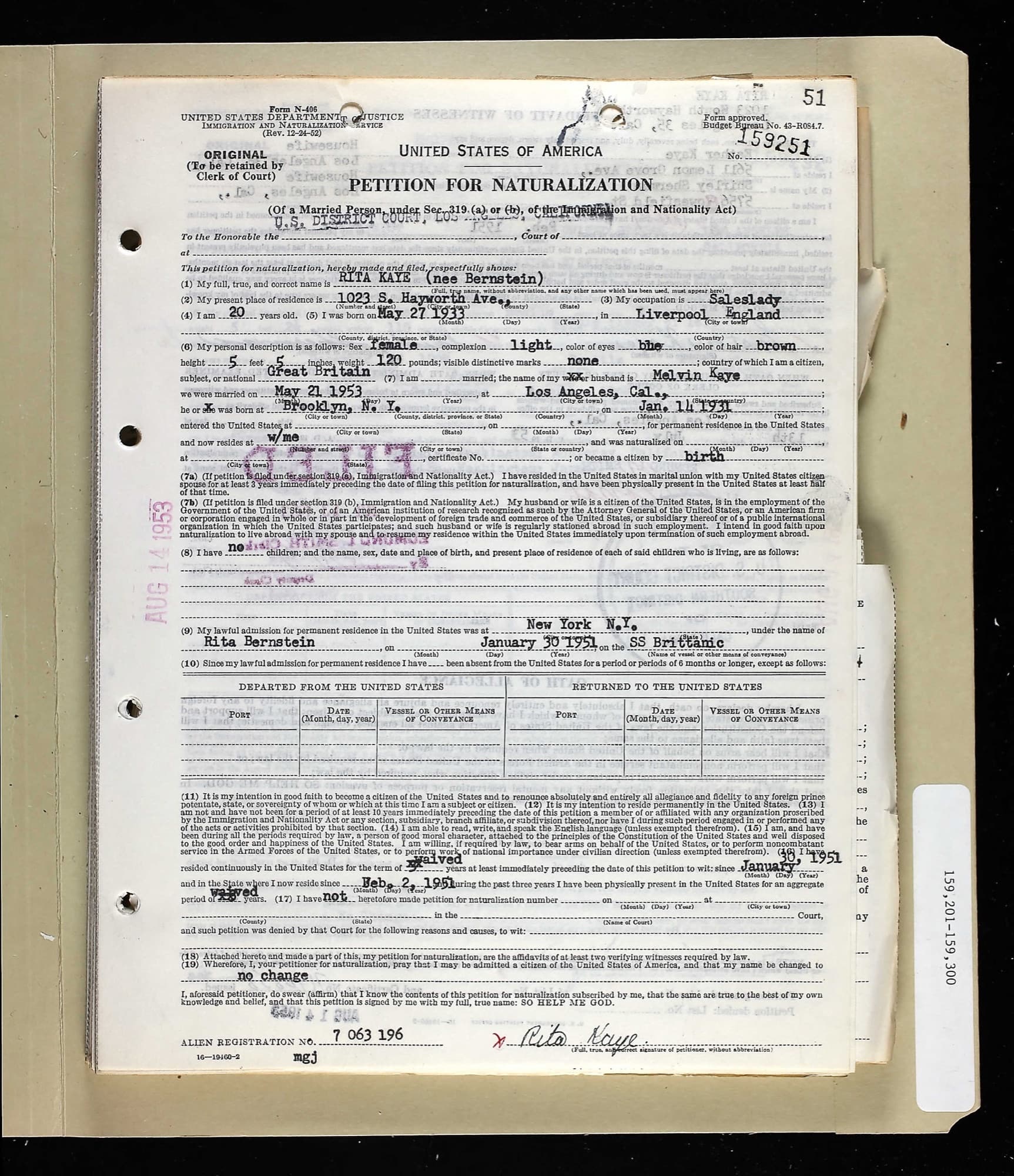 Rita Kaye’s citizenship application (Source: Ancestry.com)