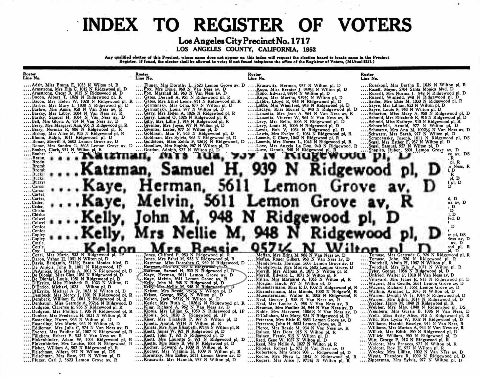 Mel and Herman Kaye in the voters index list, 1952